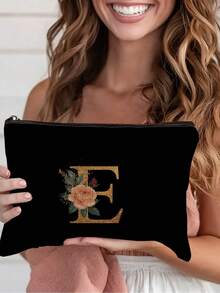 1pc A-Z Letter & Floral Print Cosmetic Bag, Modern Style Polyester Lightweight Travel Organizer - Multicolor - View 18