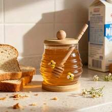 1pc 10/14/17oz Glass Honey Jar With Bee Pattern, Transparent Honey Storage Container With 1 Wooden Stirrer, 1 Wooden Lid And 1 Wooden Base, Suitable For Syrup Storage, Home, Wedding, Party, Kitchen - View 6