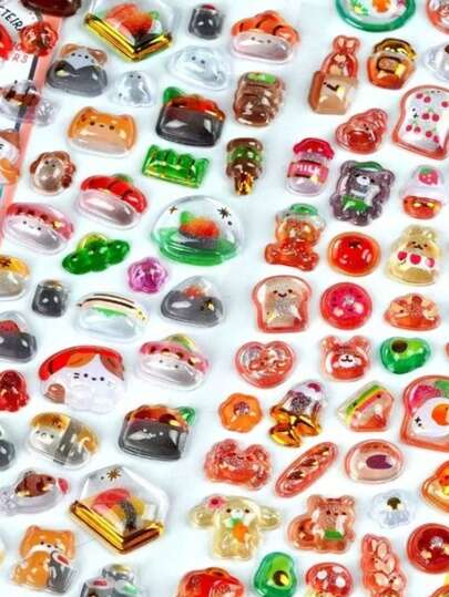 高品质3D可爱宠物贴纸，糖果树脂贴纸，趣味闪亮浮雕装饰贴纸，印章，质感丰富的趣味3D日系动漫贴纸，自粘防水不脱落装饰贴纸，增添立体感和氛围，混色设计，不对称造型