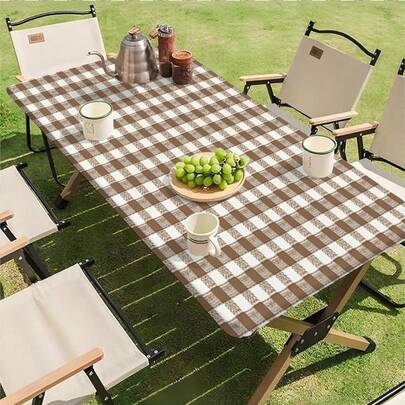 1pc Soft, Fashionable & Elegant Brown & White Plaid Tablecloth, Machine Washable & Easy To Clean, Suitable For Dining Table / Coffee Table / Desk / Picnic Table, Brightens Dining Atmosphere, Home Textile