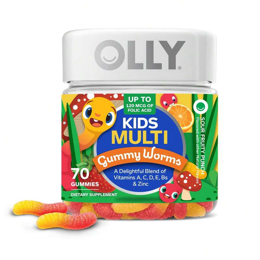 OLLY Kids Multivitamin Gummy Worms, , Vitamins And Minerals A, C, D, E, Bs And Zinc, Chewable Supplement, Sour Fruit Punch, 45 Day Supply (70 Count) - 瓶子 - 查看 1