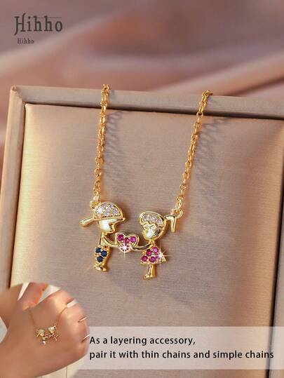 Hihho 1pc Niche Design Couple Figurine Necklace, Gold-Plated Colorful Crystal Heart Pendant, Versatile & Sweet, Romantic Gift For Girlfriend