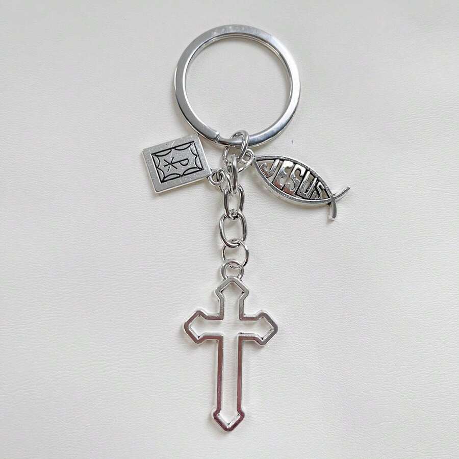 Y2k Street Style Single Cross Bible Pendant Keychain Car Accessories Bag Charm Campus Cute Gothic - Antique Silver - View 1