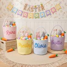 1pc Personalized Striped Easter Basket, Embroidered Rabbit Pattern Bag - Multicolor - View 6