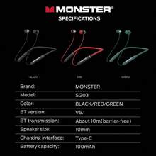 Monster Tai nghe Bluetooth không dây SG03 có nam châm, âm thanh nổi chất lượng CD, độ trễ thấp, chống nước, thích hợp cho các hoạt động thể thao ngoài trời, chơi game và nghe nhạc. - Xem 13