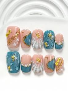 Bộ 10 miếng dán móng tay thủ công, phong cách cổ tích biển sâu, miếng dán móng tay acrylic, trang trí móng tay hình sao biển, cá ngựa và vỏ sò 3D, nghệ thuật vẽ móng viền vàng đại dương, sơn móng tay hiệu ứng mắt mèo màu xanh dương, phong cách biển cả tươi mát, bao gồm dụng cụ làm móng (1 miếng dán gel + 1 dũa móng), 3 kích cỡ: vuông, vuông ngắn, hạnh nhân, phù hợp cho tiệc tùng, sử dụng hàng ngày, chụp ảnh, đi làm mùa xuân/hè. - Nhiều màu - Xem 13