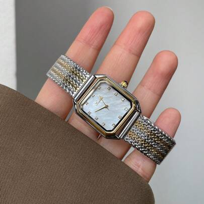 1件 CILOA 女士优雅奢华腕表，金银编织表带，浪漫时尚，适合日常佩戴