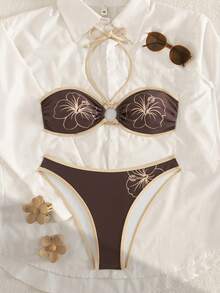 Conjunto de bikini con estampado floral y ribete de contraste, para vacaciones en la playa - Marrón - Ver 3