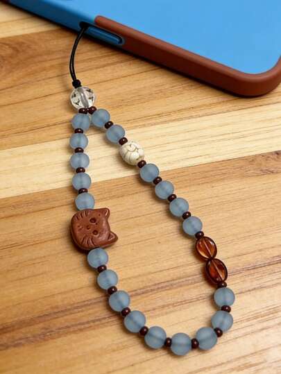 1 chiếc dây đeo điện thoại hình mèo con màu nâu xanh phối hợp, thích hợp cho mùa thu/đông, mặt dây chuyền CCD, hình máy ảnh, quà tặng cho bạn bè.