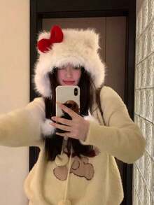 1pc Ladies' Cute Ear Design Ear Warmer Hat Made Of Polyester Fiber, Students Witch Winter Fall Valentine's Day Valentines - Black - View 2