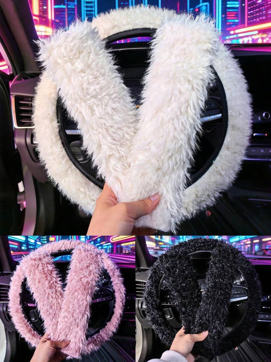 3pcs/2pcs Steering Wheel Cover And Seat Belt Shoulder Pads, Warm And Anti-Slip, Suitable For All Seasons With Long Wool - Long Wool Lamb - View 1