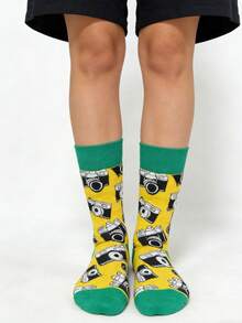 1 Pair Unisex Yellow Camera Printed Fashion Mid-Calf Socks, Suitable For All Seasons - Yellow - View 3