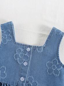 2pcs/Set Toddler Girls' Outdoor Casual Cute Floral Sleeveless Top & Fashionable Denim Shorts Set - Medium Wash - View 5