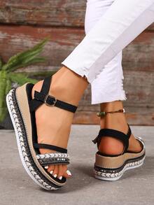 Summer Fashion Women's Wedge Sandals, Bohemian Style Rivet Open-Toe Design With Ankle Strap, Breathable And Comfortable Casual Elegant Flat Shoes - Black - View 6