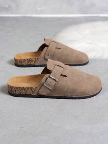 Wide Fit Men's Casual Solid Color Slip-On Mules, Comfortable Non-Slip Soft Sole, Round Toe Design, Comfortable Fabric Upper, PVC Sole, Slip-On Closure, Suitable For Outdoor Activities All Year Round,Travel Essentials For Summer - Brown - View 5