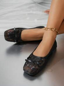 Black Lace Rose Mary Jane Shoes, Square Toe Pearl Buckle Flat Shoes, Breathable Commuter Shoes For Summer - Black - View 3