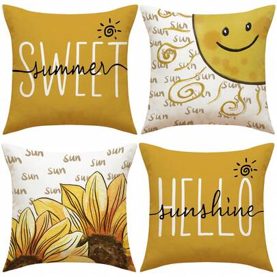 4pcs Polyester Pillowcase, Sunflower Smiling Face "Hello Summer" Pillow Cover, 17.7*17.7inch/45X45cm, Suitable For Room Decor, Bedroom, Sofa, Chair, Birthday Gift And Daily Use (Without Pillow Insert)