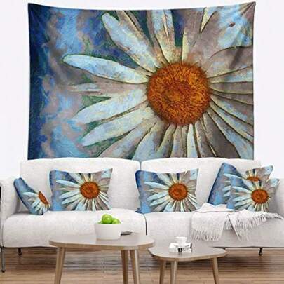 Designart 'Hand drawn White Chamomile Flower Tapestry Blanket Décor Wall Art for Home and Office Created On Lightweight Polyester Fabric Medium: 39 in. x 32 in