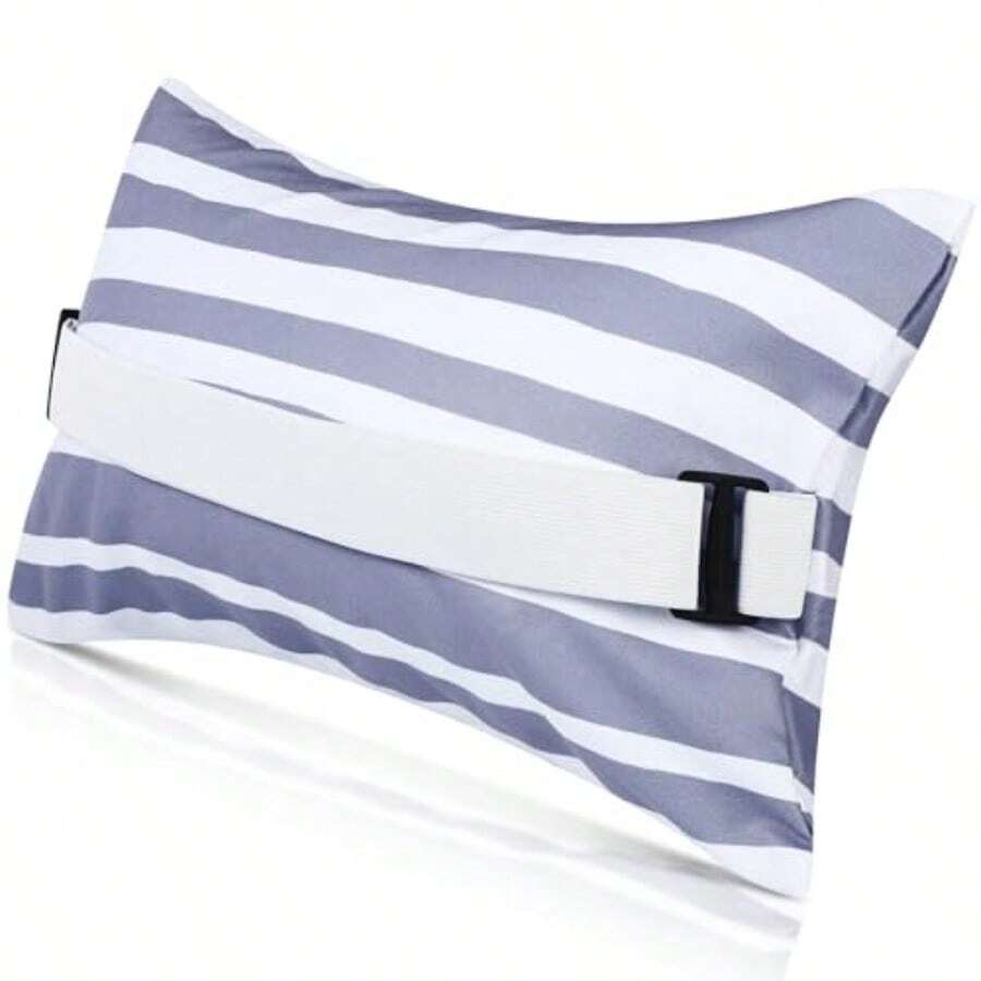 Menkxi Almohada inflable de playa de 17 x 10 pulgadas almohada de playa con funda extraíble almohada de playa con correa a rayas para mochilero para verano playa piscina día festivo de viaje - Gris y blanco - Ver 1