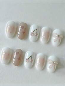 10Pcs Handmade Press-On Nails, Short Oval Shape. Pink Gradient On White Base Decorated With 3D Bows And Cherries. Sweet & Simple Style For All Seasons. Fit Daily Wear, Parties, Great Gifts For Girls And Women. - Pink - View 2