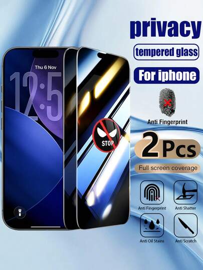 2pcs - Privacy Screen Protector For IPhone 17 Pro Max, Also Compatible With IPhone 16 Pro Max/17 Pro/17 Air/17/16 Pro/16 Plus/16/15 Pro Max/15 Pro/15 Plus/15/14/13/12/11. Privacy Protection - 9H Military-Grade Anti-Scratch, Anti-Fingerprint, Anti-Glare, Tempered Glass Privacy Screen Protector, Phone Accessories, Compatible With Phone Cases.