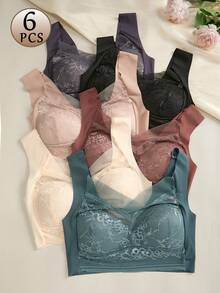 6 Pieces Women's Large Bra Gathered Soft Ice Silk Seamless Top Bra Lace No Wire Ring Summer Bra Tops Underwear - 彩色 - 查看 3