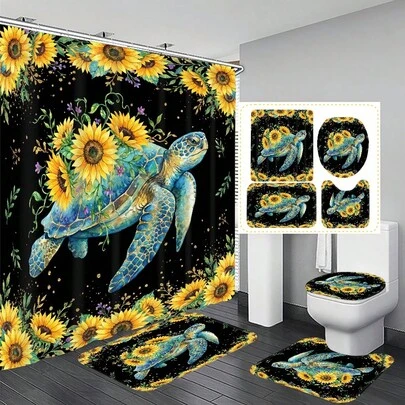 1件/4件装向日葵和海龟图案黑色多功能浴室装饰浴帘套装，赠送12个挂钩，营造优雅假日氛围，包含浴室地垫、U型马桶垫和圆形马桶垫，适用于各种浴室场景。