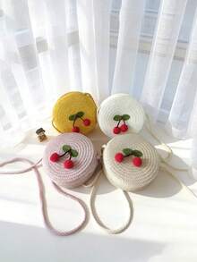 1个可爱樱桃图案单肩包，圆形草编斜挎包，拉链封口，迷你钱包，适合春夏外出、聚会、旅行和日常使用 - A - 查看 1