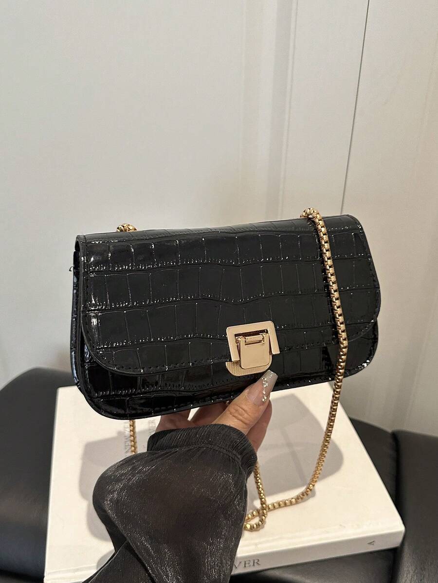 Túi đeo vai nữ có nắp gập, dây xích, họa tiết da cá sấu. - màu đen - Xem 1