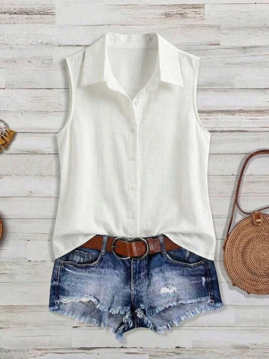 女士优雅白色无袖衬衫，纽扣前襟，衬衫领，常规长度涤纶衬衫 - 白色 - 查看 1