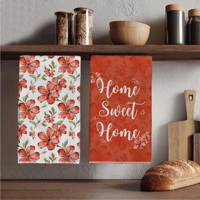 MEMNUN منشفتان مطبوع عليهما "بيت حلو بيت" بتصميم زهري مائي أحمر، مقاس 15.75*23.62 بوصة (40*60 سم)، من خامة ميكروفايبر ناعمة، منشفة أطباق ويد، مثالية لديكور المطبخ وغرفة الطعام، مناسبة لجميع المواسم