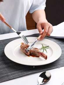 3pcs Faux Wooden Handle Knife, Fork And Spoon Set, Stainless Steel Steak Cutlery Flatware Set, Japanese Style - Brown - View 2