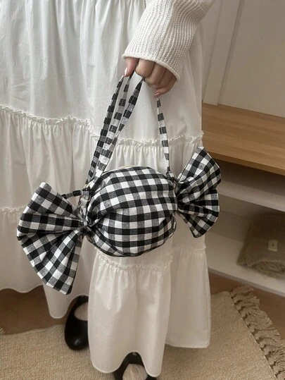 糖果造型双色格纹蝴蝶结装饰奢华手提包，高品质多功能斜挎单肩包，大容量设计，时尚零钱包，外出必备，适合年轻女性、大学生、白领人士在办公室、商务场合、通勤、户外旅行和野餐时使用。