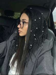 1件装女士纯色优雅蕾丝仿珍珠镂空头巾，奢华波西米亚风头巾/披肩，适合日常佩戴、婚礼、教堂礼拜、正式场合、海滩、度假等场合。 - 黑色 - 查看 2