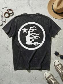 Blue Shooting Star Logo Graphic Tee Unisex Couple Matching Boyfriend Style Hell Star Double Sided Print Electric Color Y2K Aesthetic Acid Washed Cotton Graphic Tees Men Oversized T Shirt Summer Outfits Camisetas Para Hombre,Mens Clothes,Graphic Tee,Summer Clothes,Summer Tops,Easter Outfits,Spring Clothes ,Shirts - 黑色 - 查看 3