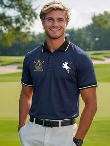 ALTZTAR Men's Striped Print Short Sleeve Casual Commuter Polo Shirt - Navy Blue - View 1