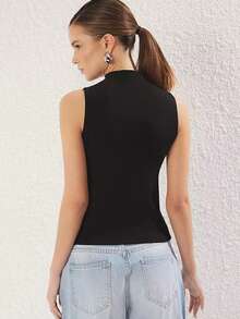Canotta da senza maniche con collo alla coreana, design aderente alla moda, tessuto ad alta elasticità, lunghezza regolare, casual estiva - nero - Visualizzare 2