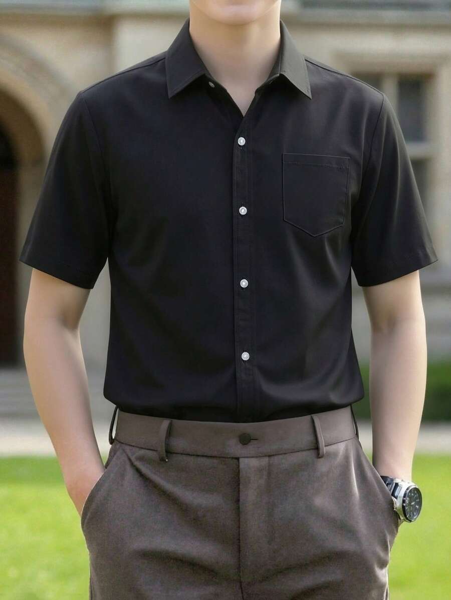Teenagers' Classic College Style Casual Party Black Formal Short Sleeve Shirt - màu đen - Xem 1