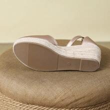 Women's High Heel French Platform Sandals, Tie-Up Woven Round Toe Hollow Out One-Strap Shoes - Champagne - View 4