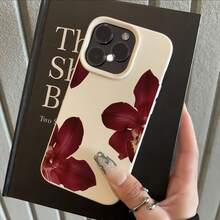 1pc White Matte Minimalist Lens Protection Deep Red 3 Burgundy Orchid Flower Pattern Phone Case, Personalized Compatible With IPhone 16 Pro Max, 17/16/15/14 Plus/13/12/11, Air, Compatible With Samsung Series, International Version,  Not The Domestic Version - Multicolor - View 4