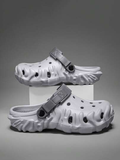 Men's Summer Breathable Color Block Hollow Casual Slip-On Sandals, Solid Color EVA (Ethylene-Vinyl Acetate Copolymer) Perforated Magic Tape Beach Slippers For Outdoor