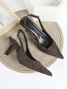 7厘米咖啡棕色绒面高跟鞋，尖头套脚派对婚礼正式场合鞋 - 棕色 - 查看 1