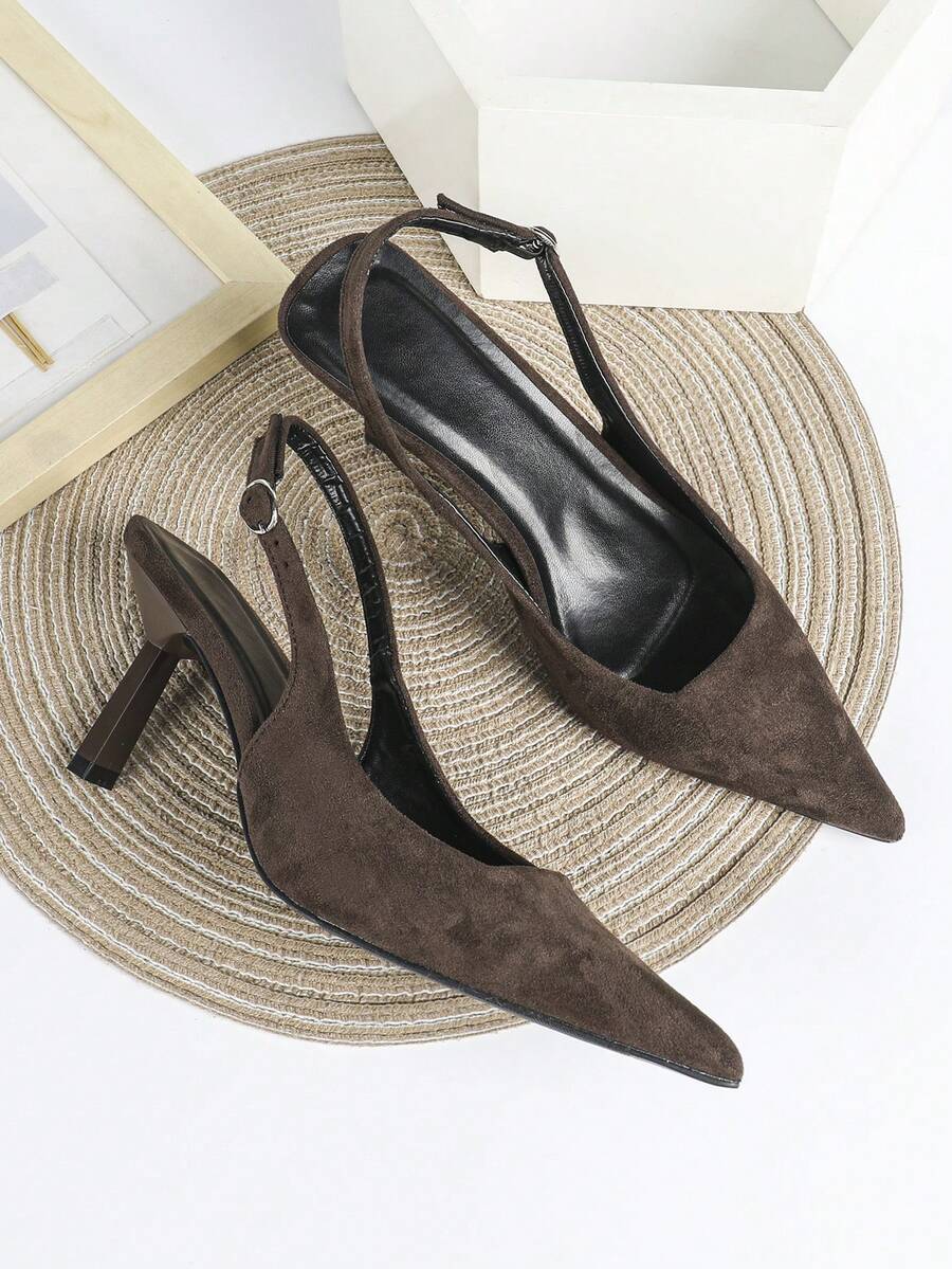 7厘米咖啡棕色绒面高跟鞋，尖头套脚派对婚礼正式场合鞋 - 棕色 - 查看 1