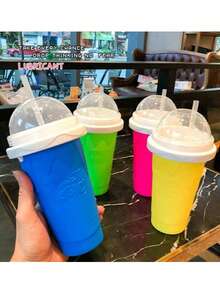 1个挤压式冰沙杯，自制奶昔杯，挤压式冰杯，夏季速冻冰饮摇摇杯，带盖吸管的速冻魔法冰沙杯，便携式挤压式果汁杯，双层硅胶DIY魔法冰沙挤压杯，适用于果汁、汽水、牛奶和冰淇淋 - 彩色 - 查看 7