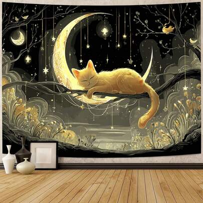 Tấm thảm phẳng 2D này, mô tả một chú mèo vàng đang ngủ trên cành cây hình lưỡi liềm, được làm từ polyester và phù hợp để trang trí phòng khách, phòng ngủ và văn phòng. Đây là vật trang trí tường cho tiệc tại nhà, vật trang trí nghệ thuật, thảm trang trí, vật trang trí tường in nghệ thuật, với họa tiết cành cây hình lưỡi liềm, nghệ thuật động vật tưởng tượng, vật trang trí dệt in, chất liệu polyester bền chắc, và rất lý tưởng cho những người yêu mèo.