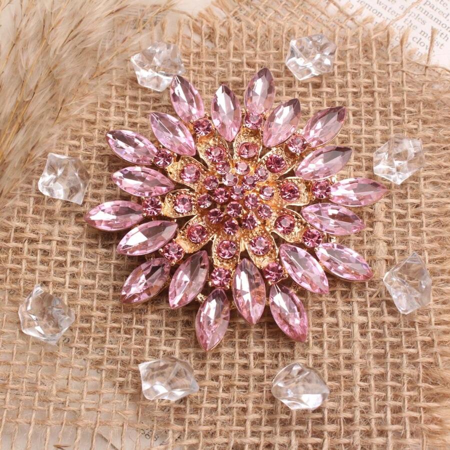 Luxury Pink Crystal Flower Brooch, Gold Tone Fully Rhinestone Covered Petal Pin, Romantic Jewelry For Daily Formal Wedding Delicate Feminine Gift - 粉色 - 查看 1