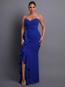 Women's Strapless Ruffle Trim Evening Dress, Elegant High-End Formal Gown With Layered Fabric Details, Suitable For Formal Dinners, Fashion Photography, Luxury Galas, Romantic Nights, Stylish Gatherings Spring Wedding Party - Royal Blue - View 9