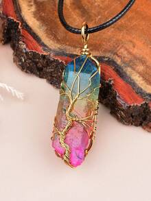 手工缠绕彩虹水晶柱生命之树吊坠项链，时尚简约饰品，独特个性化颈链 - 編織電鍍項鍊 - 查看 17