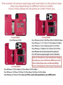 Dompet Flip Mewah untuk Bisnis, Casing Ponsel dengan Banyak Slot Kartu untuk iPhone 17 Pro/17 Pro Max, Mendukung Kartu Identitas, Kartu Kredit, dan Foto, untuk Galaxy S26/S25/S24, Dilengkapi Fungsi Stand untuk Pixel 9/8, Pelindung Kulit PU, Tahan Guncangan, Merah Mawar - Hot Pink - View 3