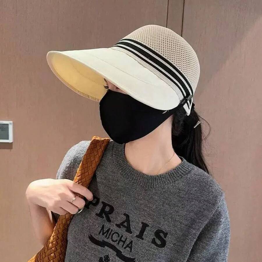 Wide-Brimmed Sun Hat For Women, New Spring/Summer Model, Breathable Mesh, Anti-Flying Woven Top, Outdoor Travel Hat - 全頂-米色 - 查看 1